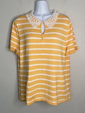 Karl Lagerfeld Golden Yellow Stripe Knit Top Crochet Collar Retro Boho Preppy L